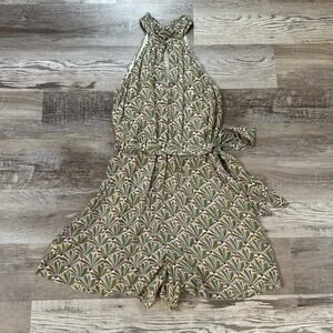 Anthropologie Leaf Print Romper Cream Green Sleeveless Halter Boho Summer XS